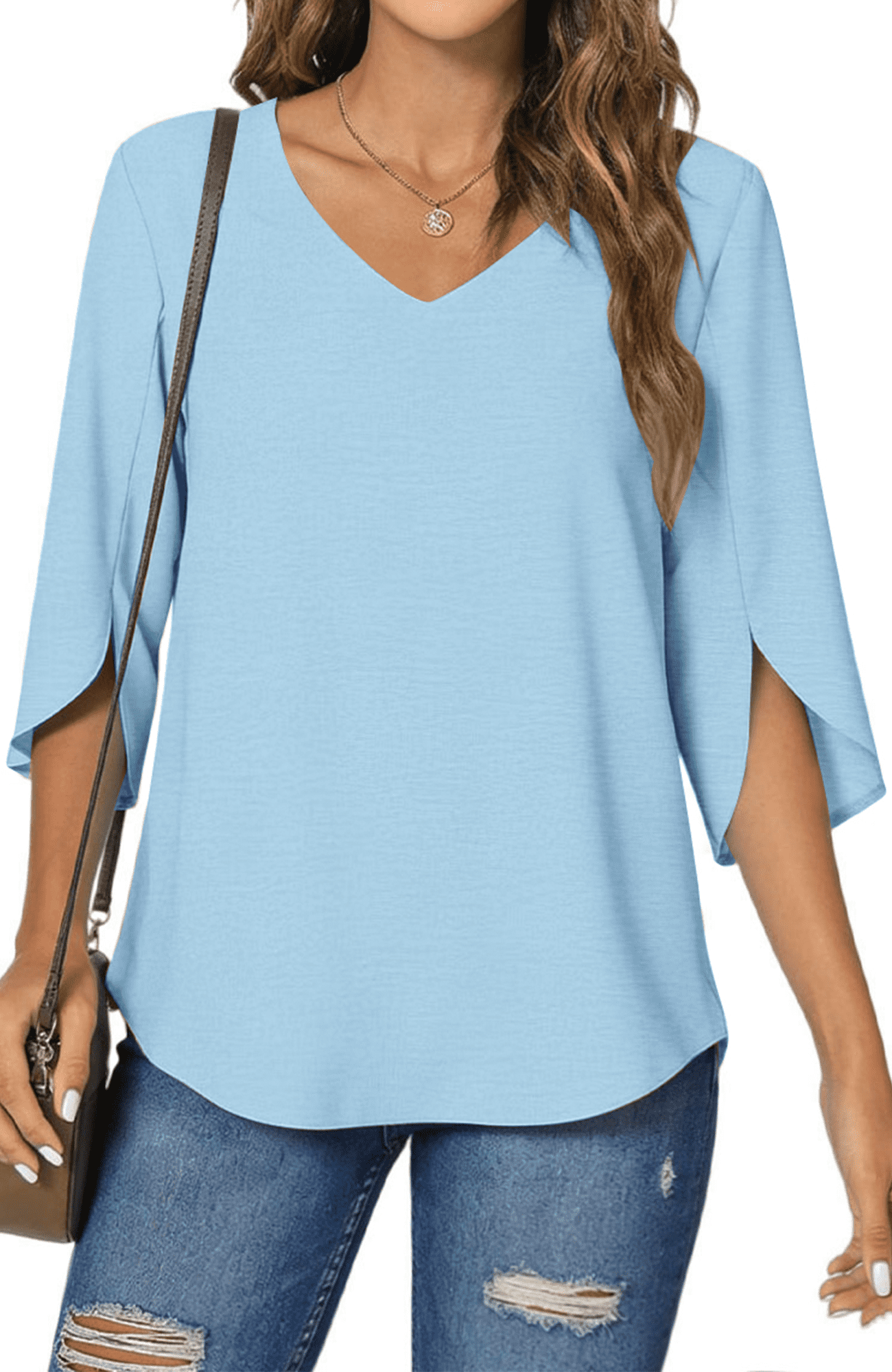 UVN Womens Blouses 3/4 Sleeve V Neck Summer Shirts for Women Chiffon ...