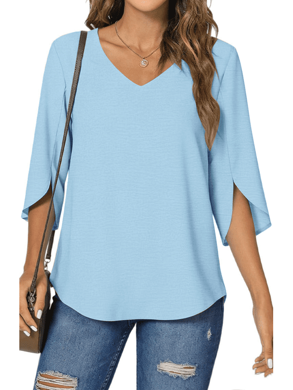 Womens Blouses 3/4 Sleeve V Neck Summer Shirts for Women Chiffon Dressy Casual Tunic Tops