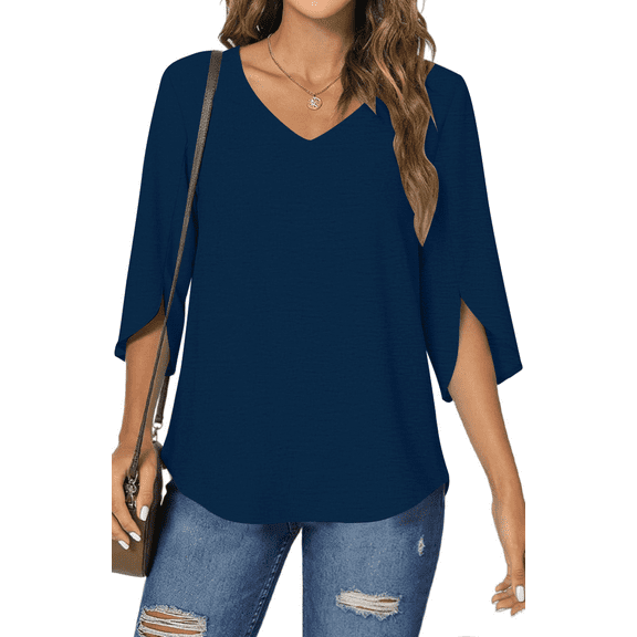 UVN Womens Blouses 3/4 Sleeve V Neck Summer Shirts for Women Chiffon Dressy Casual Tunic Tops