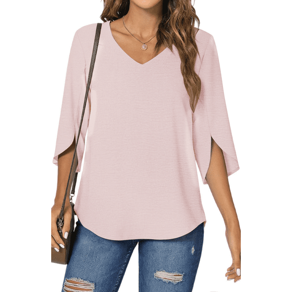 UVN Womens Blouses 3/4 Sleeve V Neck Summer Shirts for Women Chiffon Dressy Casual Tunic Tops