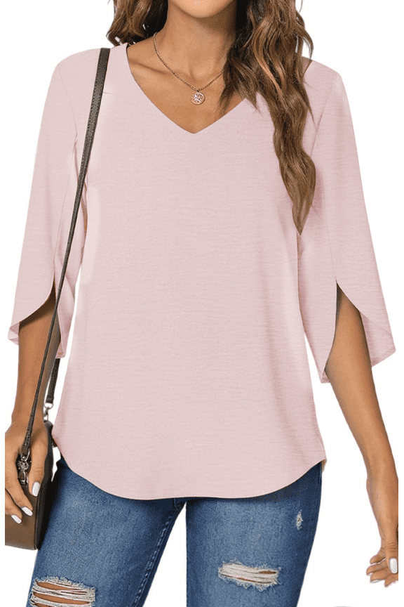 Womens Blouses 3/4 Sleeve V Neck Summer Shirts for Women Chiffon Dressy Casual Tunic Tops
