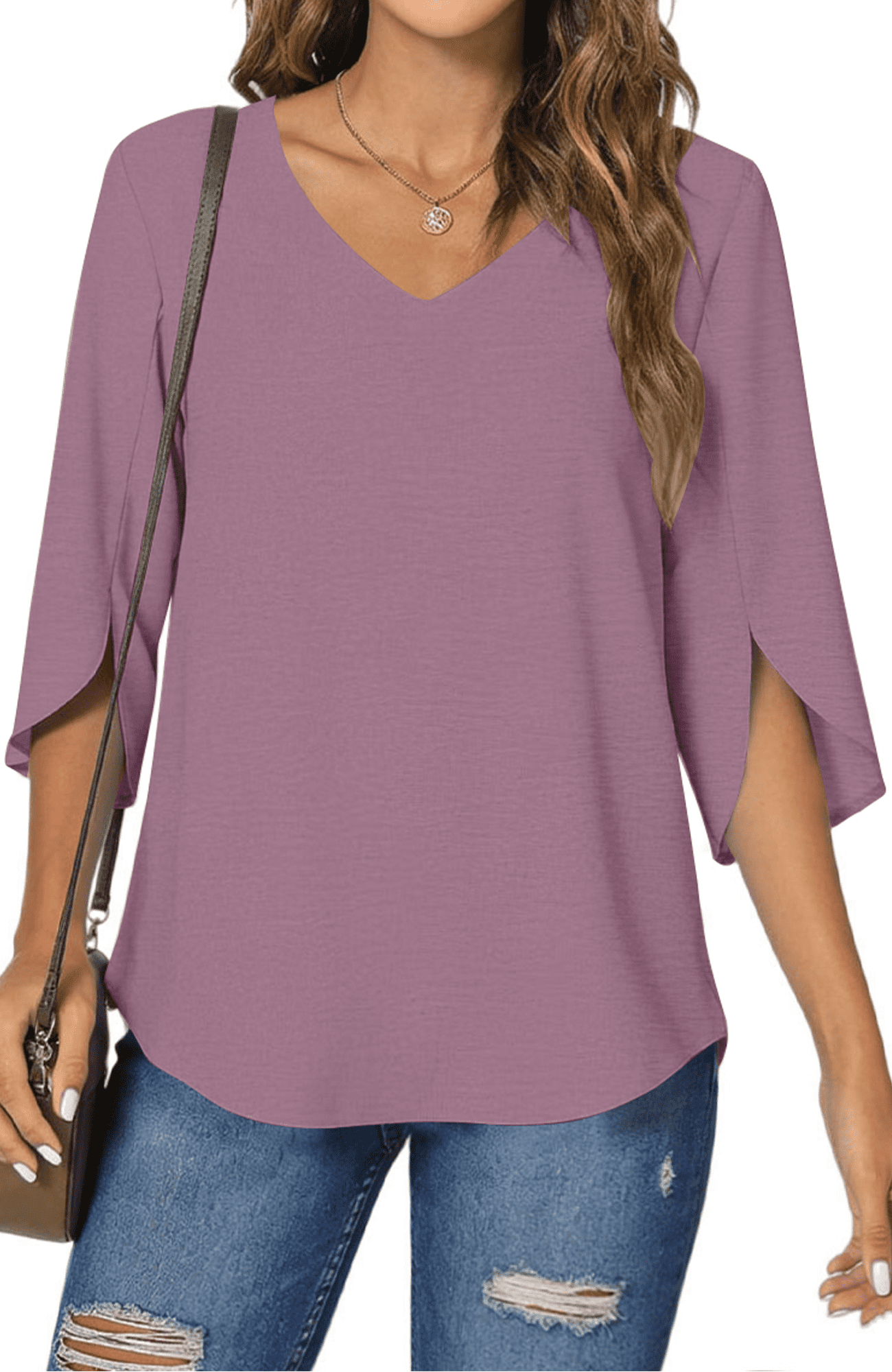 UVN Womens Blouses 3/4 Sleeve V Neck Summer Shirts for Women Chiffon ...