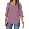 thumbnail image 1 of UVN Womens Blouses 3/4 Sleeve V Neck Summer Shirts for Women Chiffon Dressy Casual Tunic Tops, 1 of 9