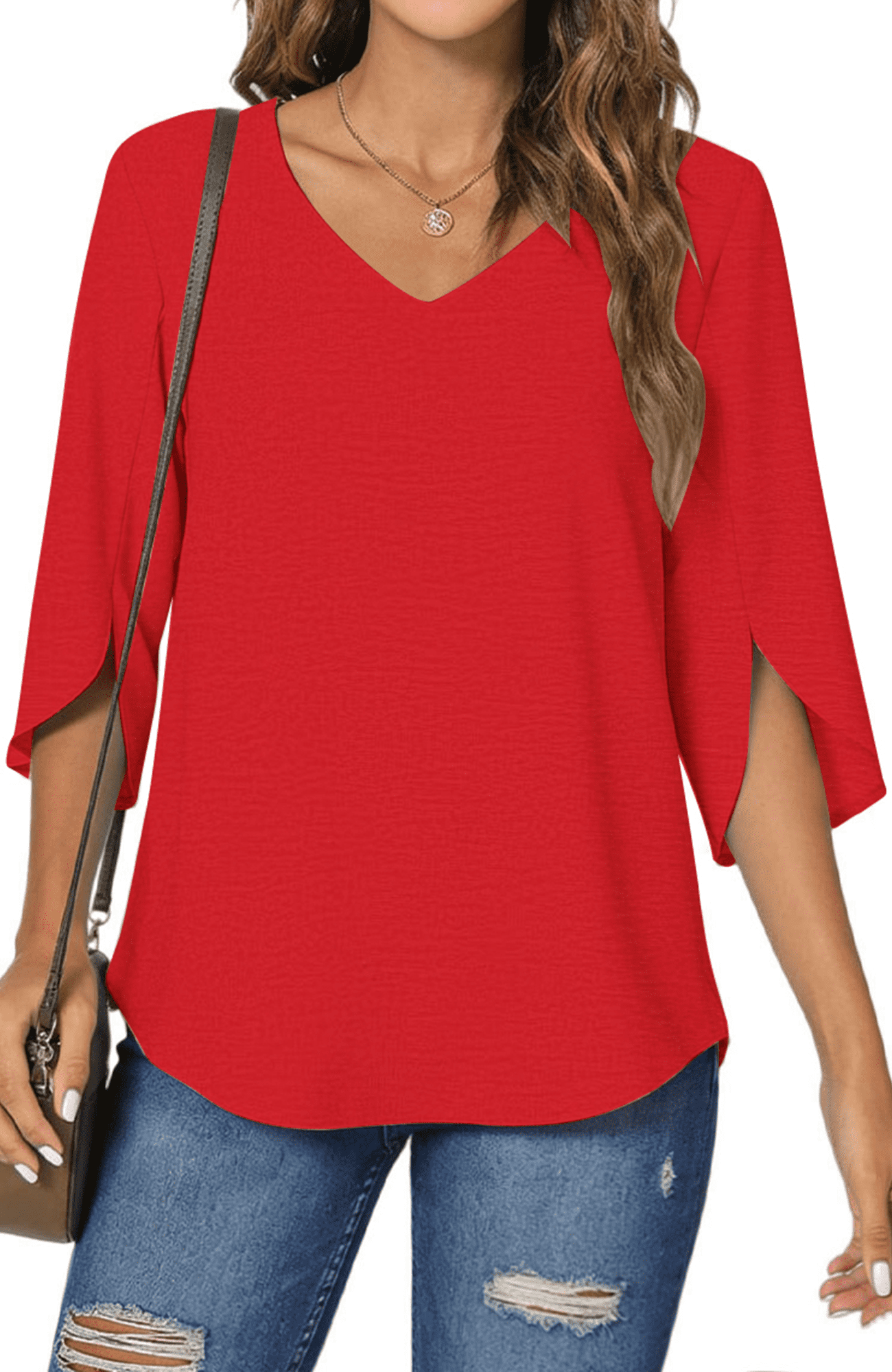 UVN Womens Blouses 3/4 Sleeve V Neck Summer Shirts for Women Chiffon ...