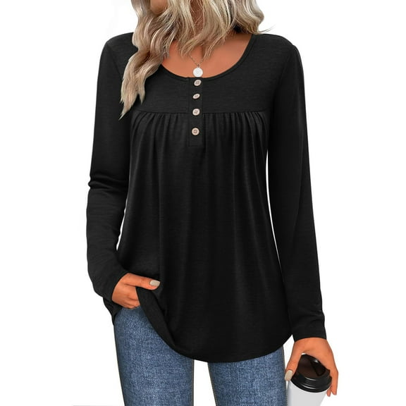 UVN Womens Blouses Long Sleeve Crew Neck Shirts Button Up Pleated Dressy Casual Tunic Tops