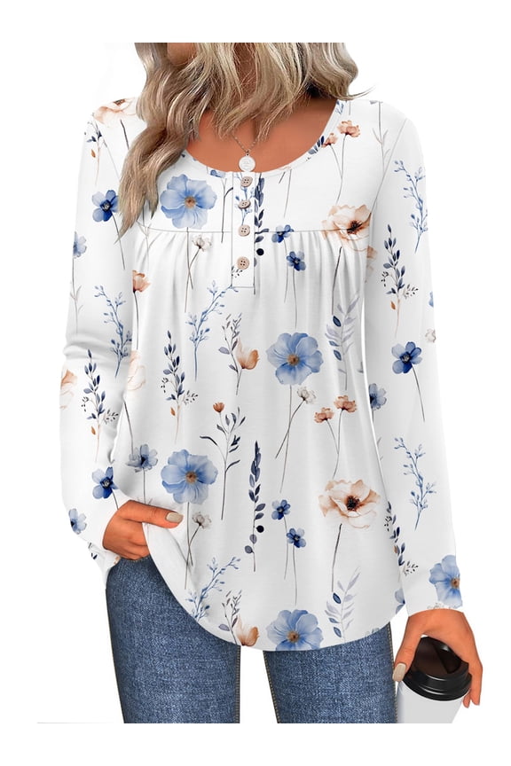 Womens Blouses Long Sleeve Crew Neck Shirts Button Up Pleated Dressy Casual Tunic Tops