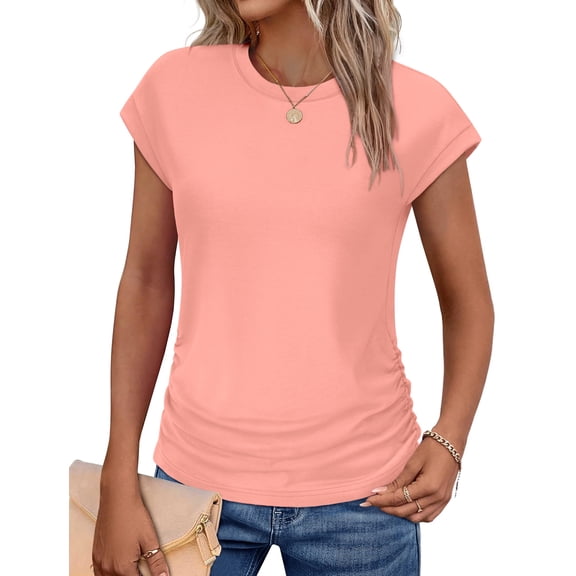 UVN Womens Blouses Summer Crew Neck Vacation Shirt for Women Cap Sleeve Dressy Casual Pleated Tops