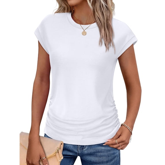 UVN Womens Blouses Summer Crew Neck Vacation Shirt for Women Cap Sleeve Dressy Casual Pleated Tops
