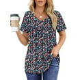 thumbnail image 1 of UVN Womens Blouses Summer V Neck Shirts Ladies Short Sleeve Casual Pleated Floral Tunic Tops, 1 of 9