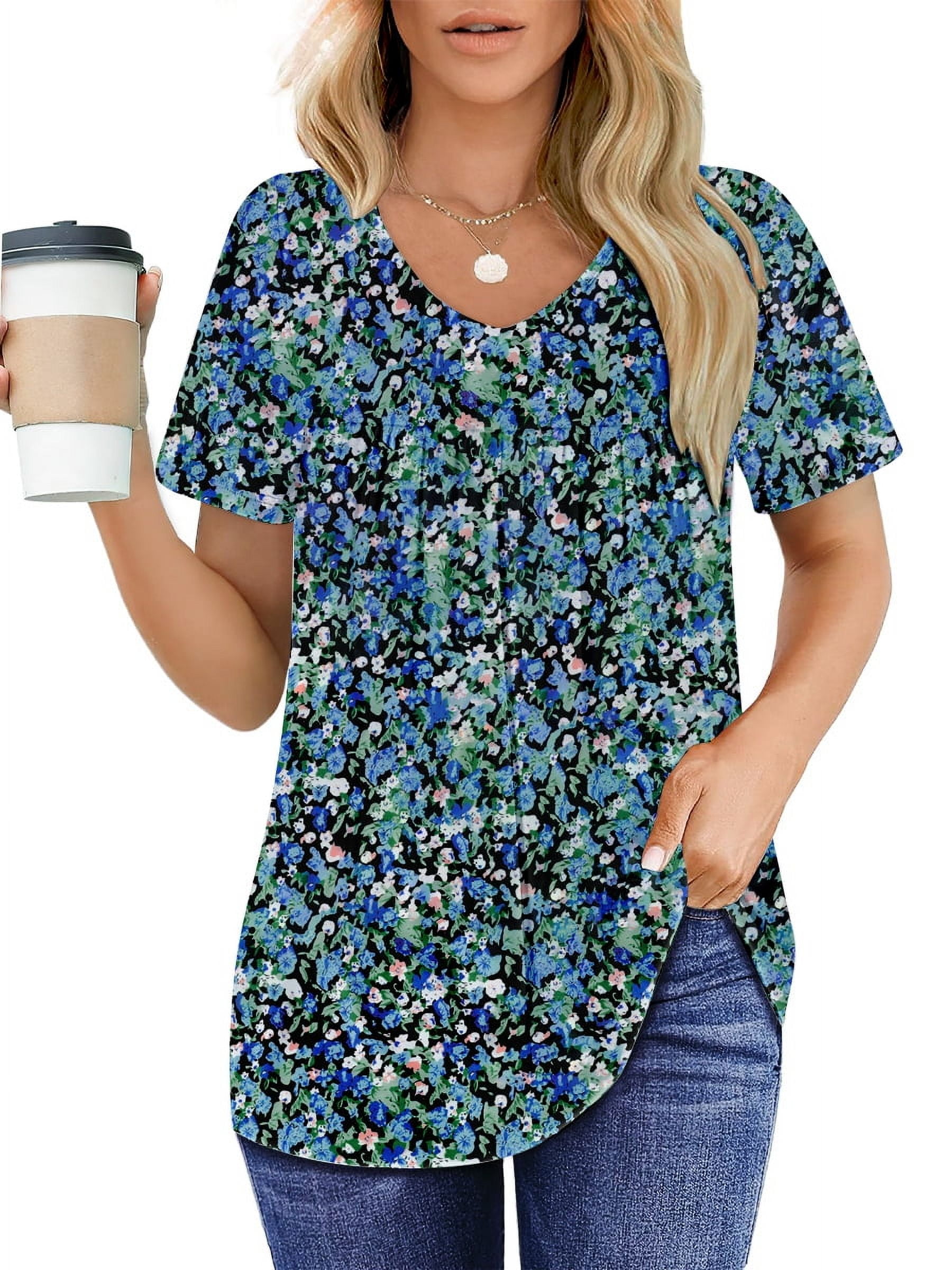 UVN Womens Blouses, V Neck Floral Pleated Tunic Tops, Short Sleeve ...