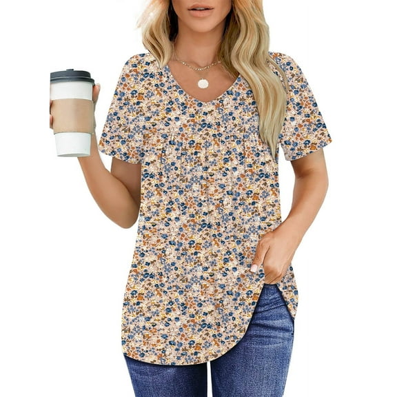 UVN Womens Blouses Summer V Neck Shirts Ladies Short Sleeve Casual Pleated Floral Tunic Tops