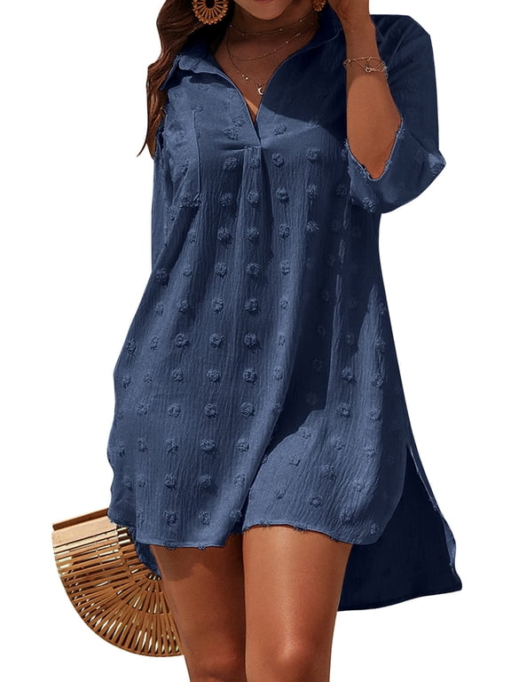 Summer Swimsuit Coverups for Womens Chiffon Bikini Swimwear Beach Cover-Ups Ladies Loose Pom Pom Shirt Dress
