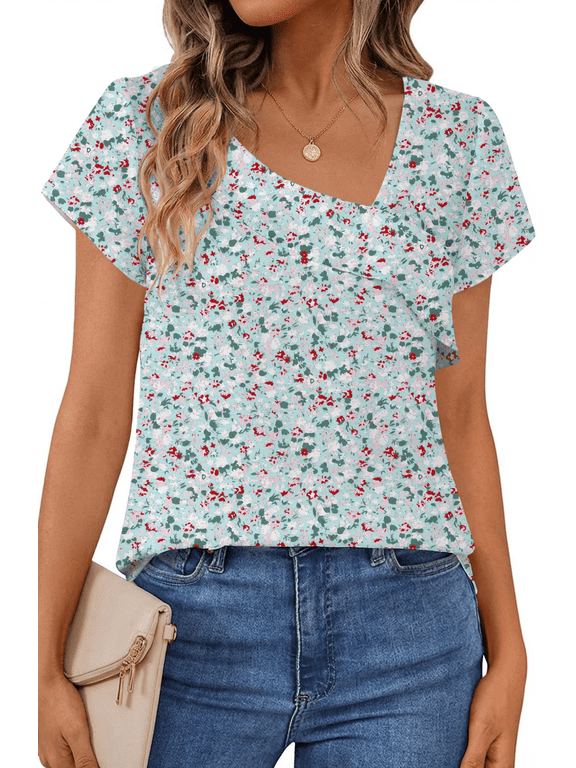 Womens Chiffon Blouses Asymmetrical V Neck Shirts for Women Short Sleeve Elegant Tops