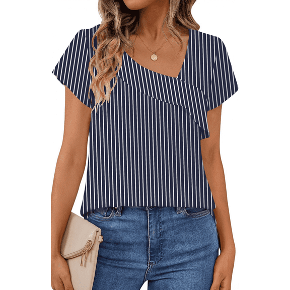 UVN Womens Chiffon Blouses Asymmetrical V Neck Shirts for Women Short Sleeve Elegant Tops