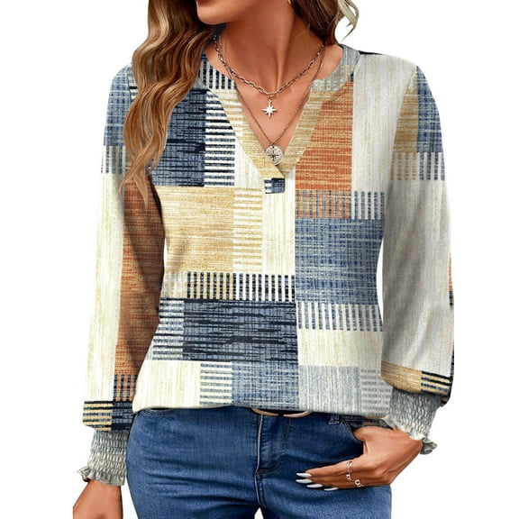 UVN Womens Fall Blouses Long Sleeve V neck Shirts Dressy Casual Smocked Cuffs Tunic Tops