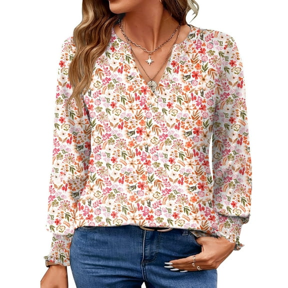 UVN Womens Fall Blouses Long Sleeve V neck Shirts Dressy Casual Smocked Cuffs Tunic Tops