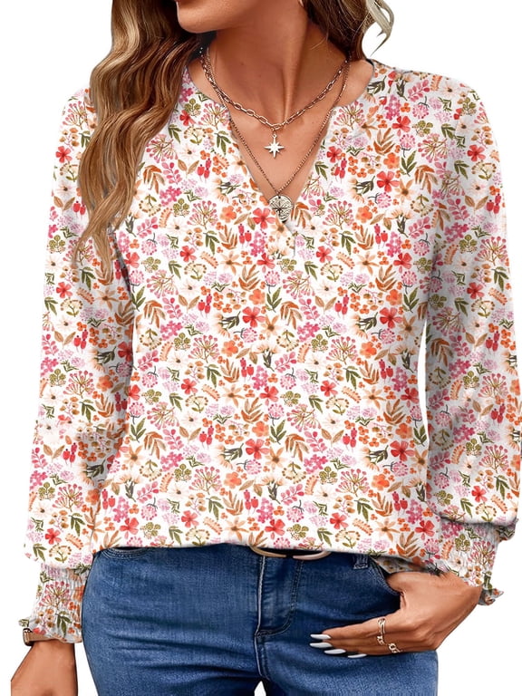 Womens Fall Blouses Long Sleeve V neck Shirts Dressy Casual Smocked Cuffs Tunic Tops
