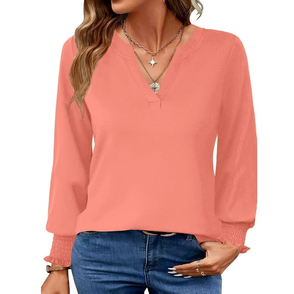 UVN Womens Fall Blouses Long Sleeve V neck Shirts Dressy Casual Smocked Cuffs Tunic Tops