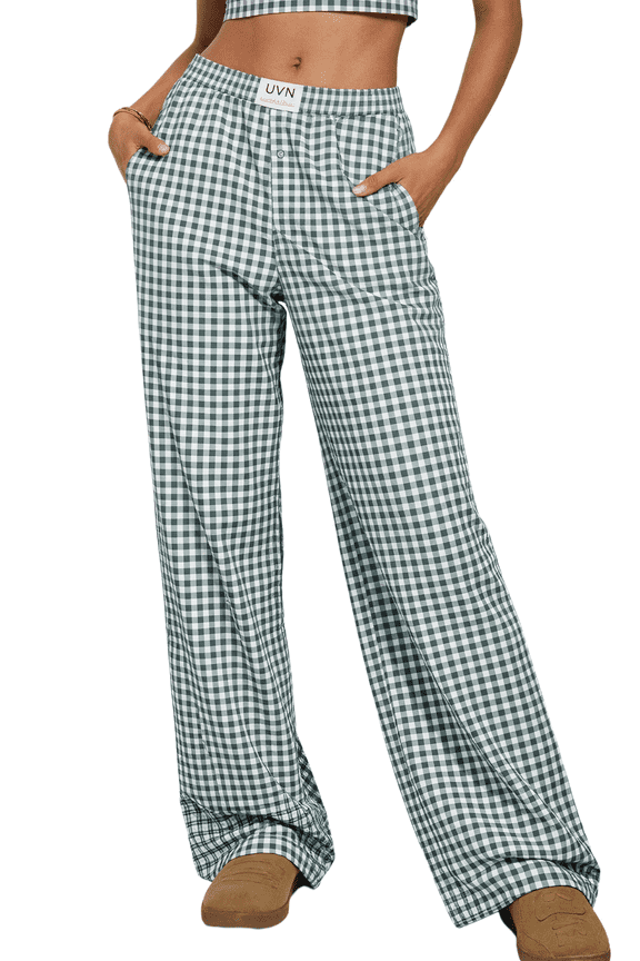 Womens Gingham Pants Wide Leg Casual Lounge Bottoms Ladies Fall Trousers with Pocket