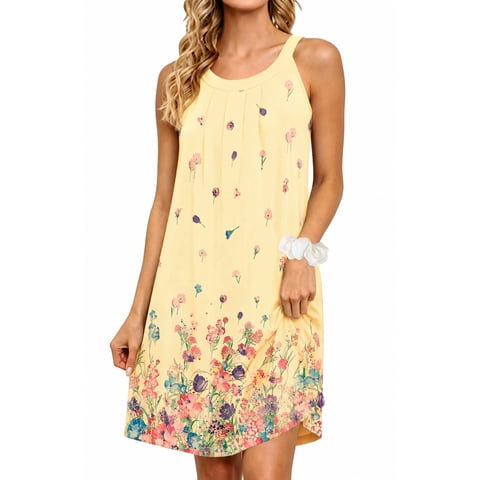 Womens Nightgown Sleeveless Sleepwear Crewneck Wide Strap Pleated Nightshirt Casual Print Sleepdress