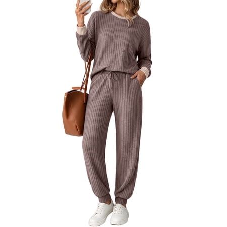 UVN Womens Pajama Set Two Piece Color Block Long Sleeve Top and Long Pants Ladies Fall Matching Oufits Casual Loungewear