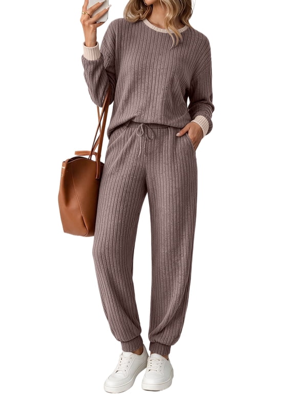 Womens Pajama Set Two Piece Color Block Long Sleeve Top and Long Pants Ladies Fall Matching Oufits Casual Loungewear