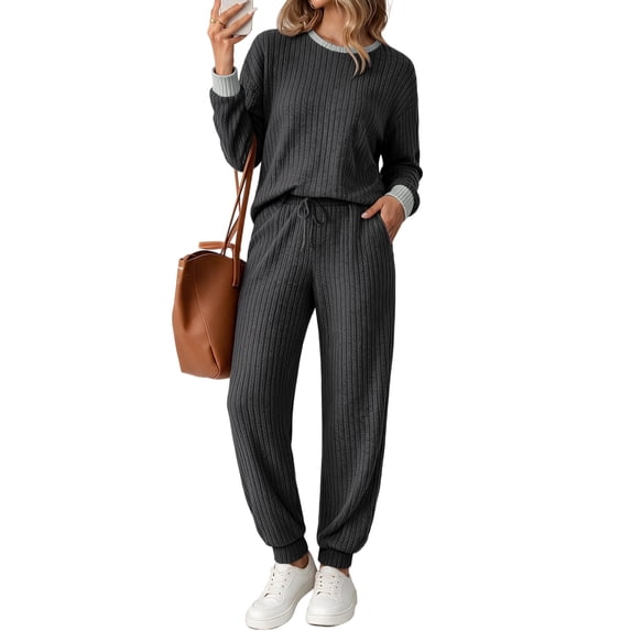 UVN Womens Pajama Set Two Piece Color Block Long Sleeve Top and Long Pants Ladies Fall Matching Oufits Casual Loungewear