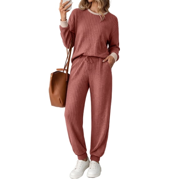 UVN Womens Pajama Set Two Piece Color Block Long Sleeve Top and Long Pants Ladies Fall Matching Oufits Casual Loungewear