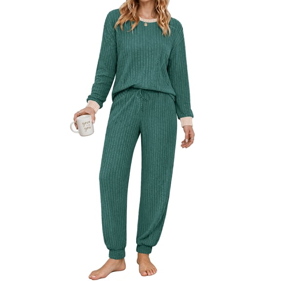 UVN Womens Pajama Set Two Piece Color-blocked Long Sleeve Top and Long Pants Ladies Fall Matching Oufits Casual Loungewear