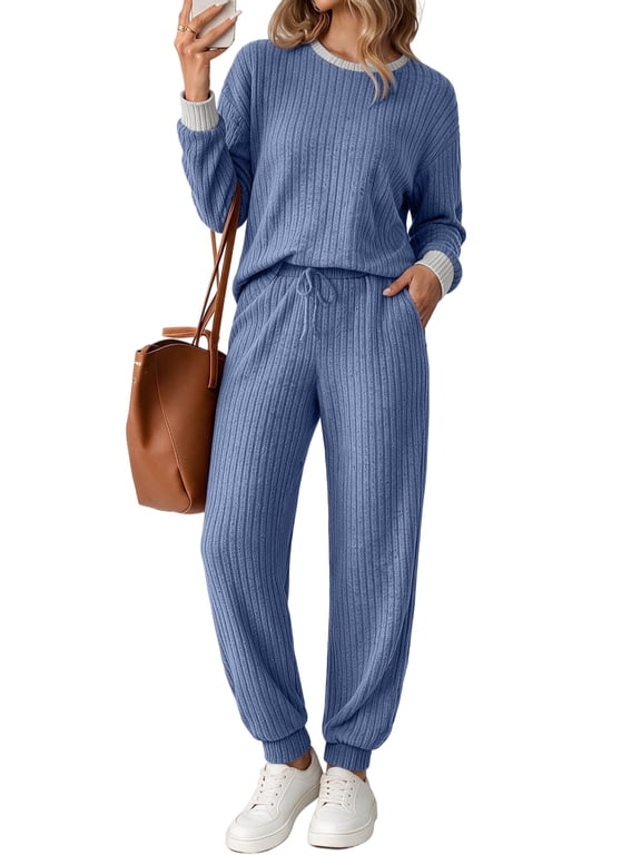 Womens Pajama Set Two Piece Color Block Long Sleeve Top and Long Pants Ladies Fall Matching Oufits Casual Loungewear