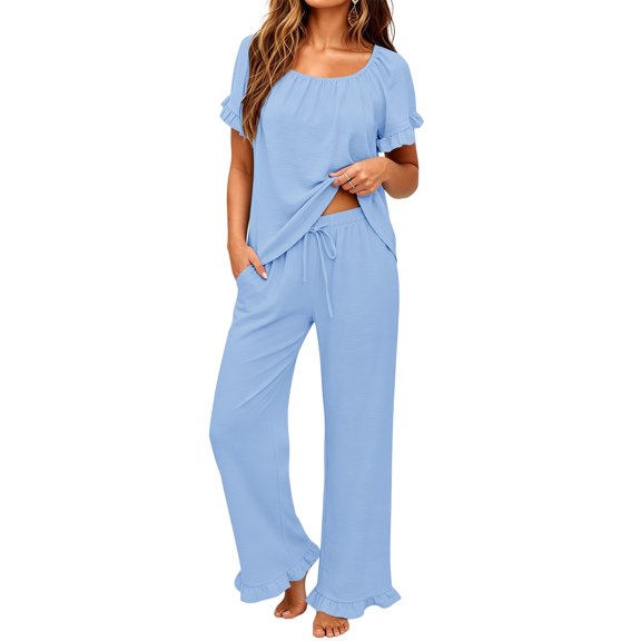 UVN Womens Pajama Set Short Sleeve Ruffle Top and Drawstring Long Pants Lounge Ladies Sleepwear Set