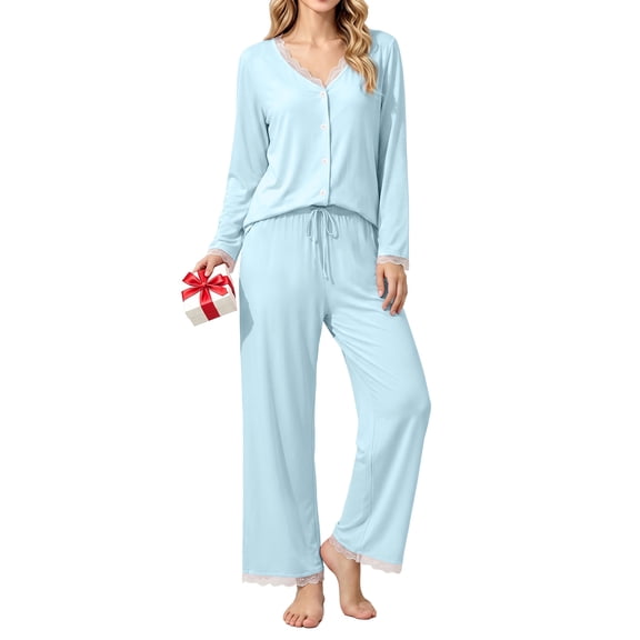 UVN Womens Pajama Sets Fall Long Sleeve Button Down Tops and Pants 2 Piece Outfits Ladies Lace Sleepwear Soft Pjs Lounge Sets