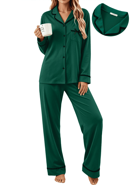 Womens Pajamas Sets Fall Soft Pjs Lounge Sets Long Sleeve Button Down Tops and Pants 2 Piece Outfits Ladies Lace Sleepwear