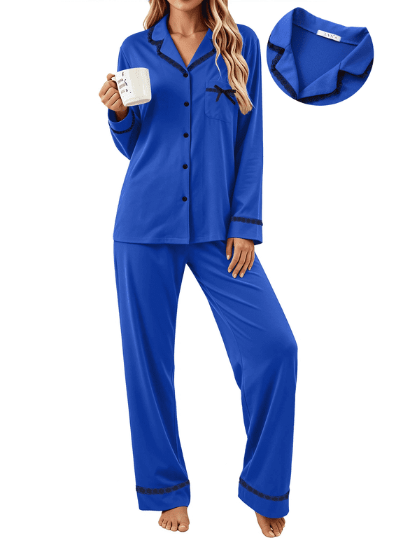 Womens Pajamas Sets Fall Soft Pjs Lounge Sets Long Sleeve Button Down Tops and Pants 2 Piece Outfits Ladies Lace Sleepwear
