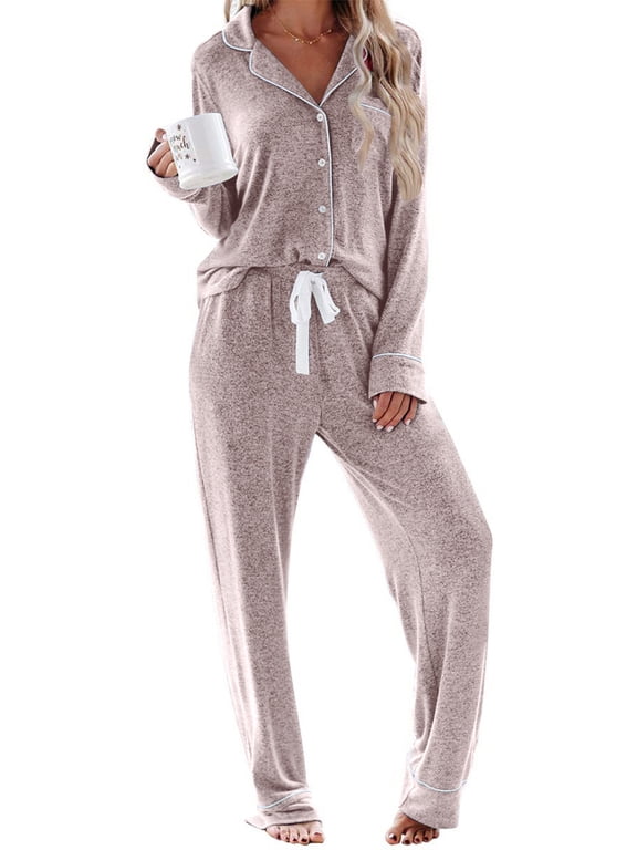 Womens Pajama Sets Long Sleeve Top and Long Pants Soft Pjs Sleepwear Ladies Button Down Lounge Set