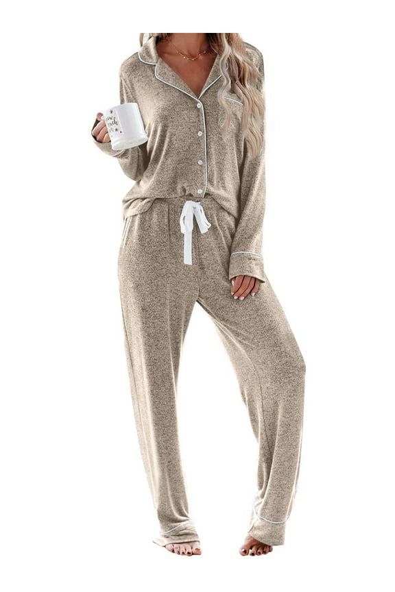Womens Pajama Sets Long Sleeve Top and Long Pants Soft Pjs Sleepwear Ladies Button Down Lounge Set