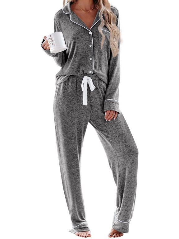 Womens Pajama Sets Long Sleeve Top and Long Pants Soft Pjs Sleepwear Ladies Button Down Lounge Set