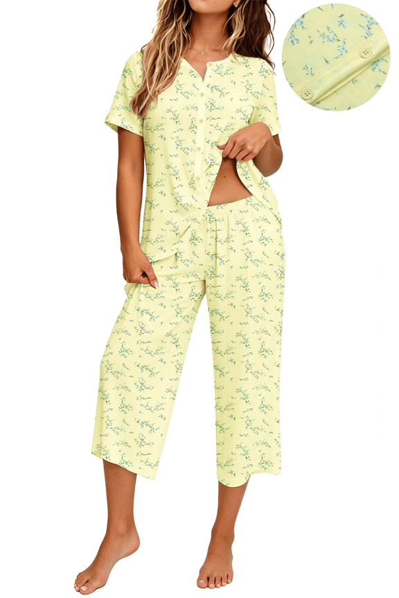 Womens Pajama Sets Short Sleeve Button Down Tops and Capri Pants 2 Piece Outfit Soft Pjs Sleepwear Loungewear with Pockets