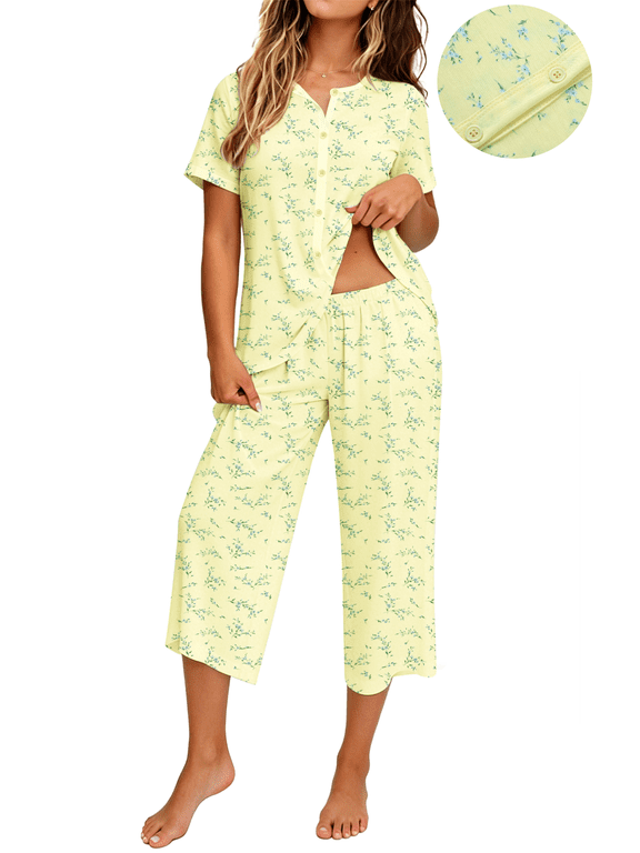 Womens Pajama Sets Short Sleeve Button Down Tops and Capri Pants 2 Piece Outfit Soft Pjs Sleepwear Loungewear with Pockets
