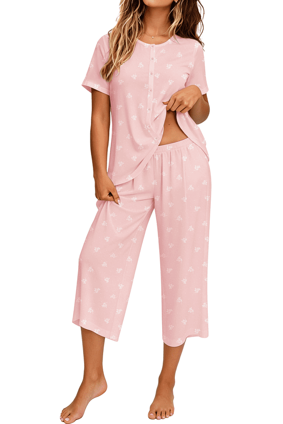 Womens Pajama Sets Short Sleeve Button Down Tops and Capri Pants 2 Piece Outfit Soft Pjs Sleepwear Loungewear with Pockets