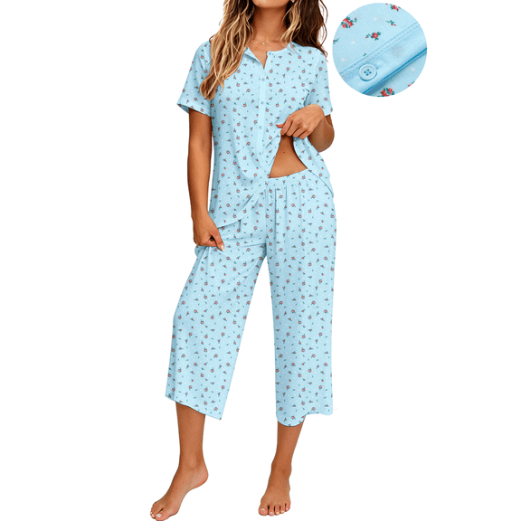 UVN Womens Pajama Sets Short Sleeve Button Down Tops and Capri Pants 2 Piece Outfit Soft Pjs Sleepwear Loungewear with Pockets