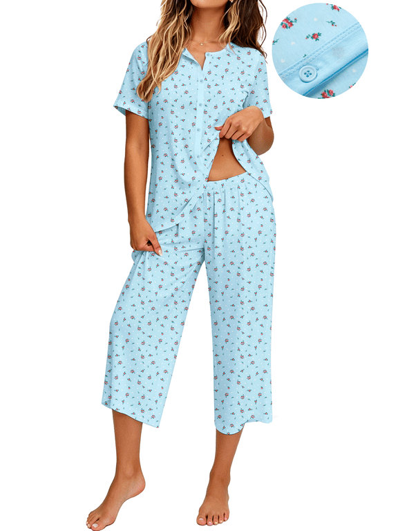 Womens Pajama Sets Short Sleeve Button Down Tops and Capri Pants 2 Piece Outfit Soft Pjs Sleepwear Loungewear with Pockets