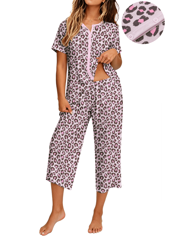 Womens Pajama Sets Short Sleeve Button Down Tops and Capri Pants 2 Piece Outfit Soft Pjs Sleepwear Loungewear with Pockets