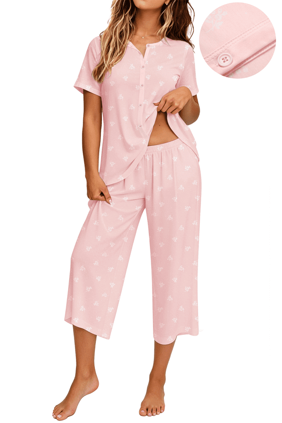 Womens Pajama Sets Short Sleeve Button Down Tops and Capri Pants 2 Piece Outfit Soft Pjs Sleepwear Loungewear with Pockets