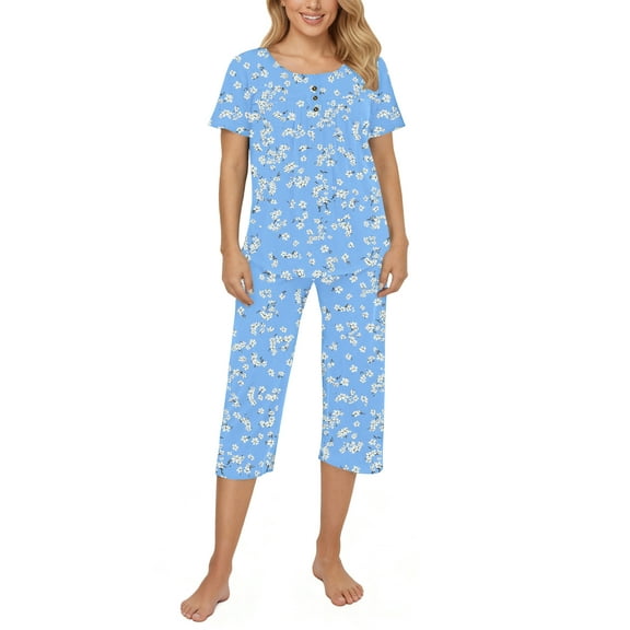 UVN Womens Pajama Sets Short Sleeve Crewneck Tops and Capri Pant Lounge Set Ladies Pjs Sleepwear Loungewear 2 Piece Outfit