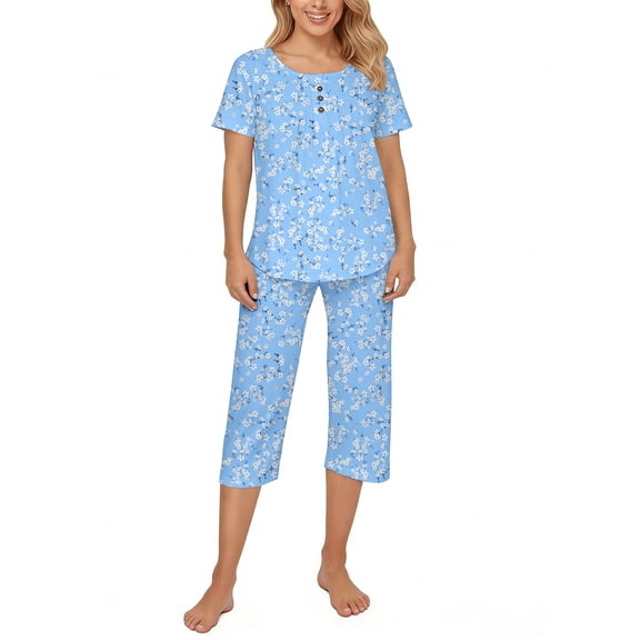 UVN Womens Pajama Sets Short Sleeve Crewneck Tops and Capri Pant Lounge Set Ladies Pjs Sleepwear Loungewear 2 Piece Outfit
