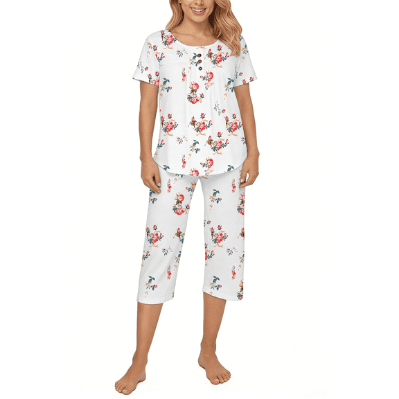 UVN Womens Pajama Sets Short Sleeve Crewneck Tops and Capri Pant Lounge Set Ladies Pjs Sleepwear Loungewear 2 Piece Outfit