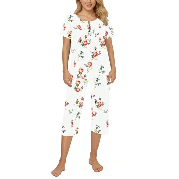 UVN Womens Pajama Sets Short Sleeve Crewneck Tops and Capri Pant Lounge Set Ladies Pjs Sleepwear Loungewear 2 Piece Outfit