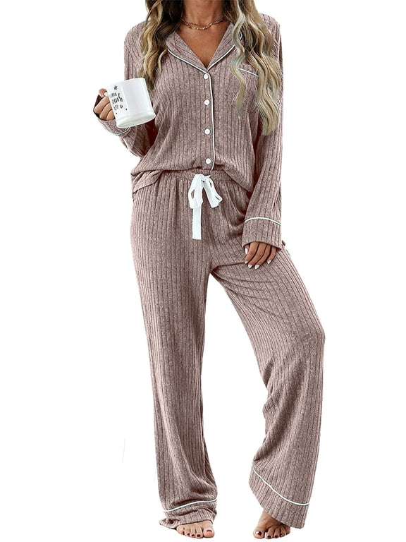 Womens Pajamas Sets Long Sleeve Shirts and Drawstring Pants Ladies Loungewear Casual 2 Piece Matching Sets