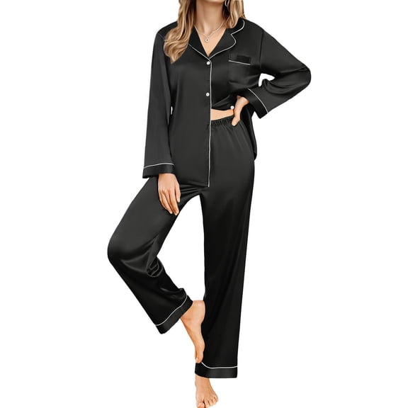 UVN Womens Pajamas Sets Long Sleeve Shirts and Long Pants Two Piece Lounge Sets Fall Satin Silk Pjs Sleepwear Outfits
